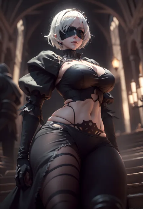 (Masterpiece, nier automata 2B with black blindfold on. Her back is facing the lens 1.5)  (Best Quality, cinematic lighting: 1.5), Perfect Eyes, Perfect Face, Volumetric Lighting,  sunlit atmosphere cinematic presentation,slight frills, Black Stockings, Se...