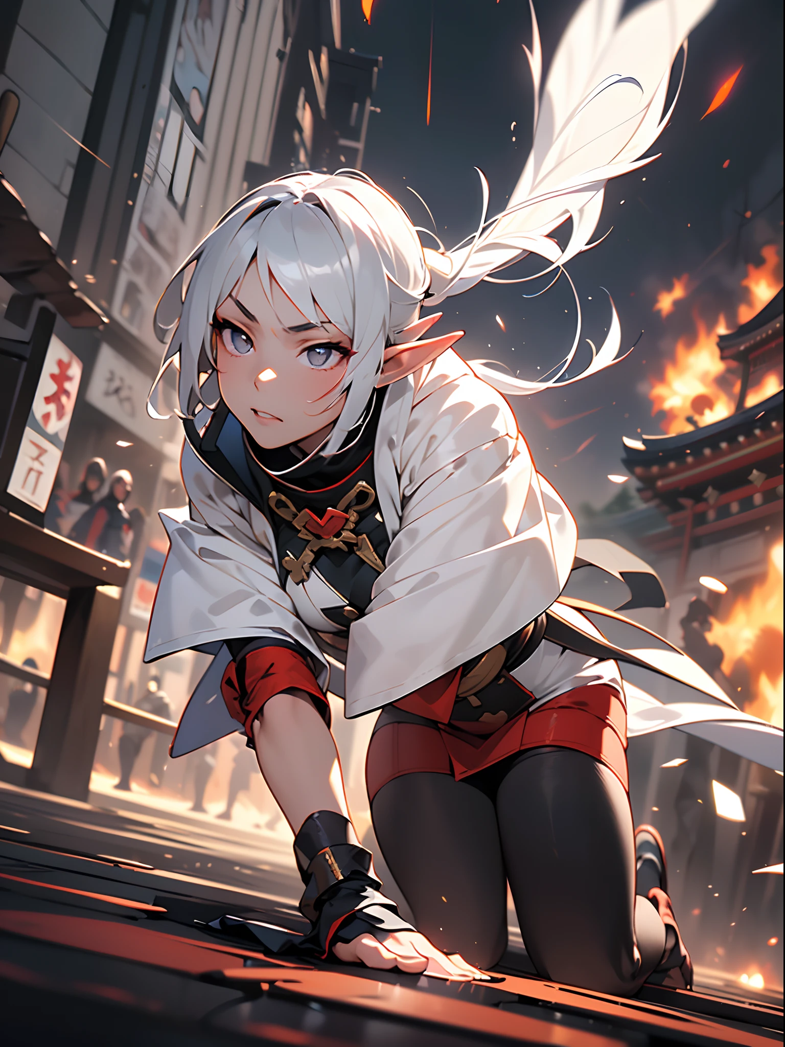 ((jpn)),((Best Quality)),((Beautifully painted)),((hight resolution)),1girl in,Beautiful Elf Girl,(((onmyouji))),((suikan)),White cloak,Bushy silver-haired ponytail,nice hand, Perfect hands,armor,((Fight with black demon monsters in the streets of Tokyo at night)),((Elf girl draws dazzling lines of light with her fingertips)),((Explosive flames flying violently)),(face forcus),((((motion blur)))),(((dynamic angles))),((cinematic lighting))