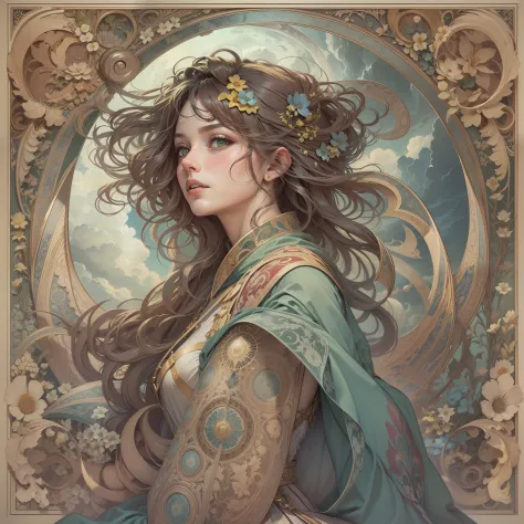 1 girl，woman，Looking down，Solo，The upper part of the body，Green eyes，european woman face portrait，with long coiled hair，Shiny skin, Detailed face, The magic robe is patterned， Sumeru，Clouds， themoon，tarot card layout，Best quality, Masterpiece, (Realistic:0...