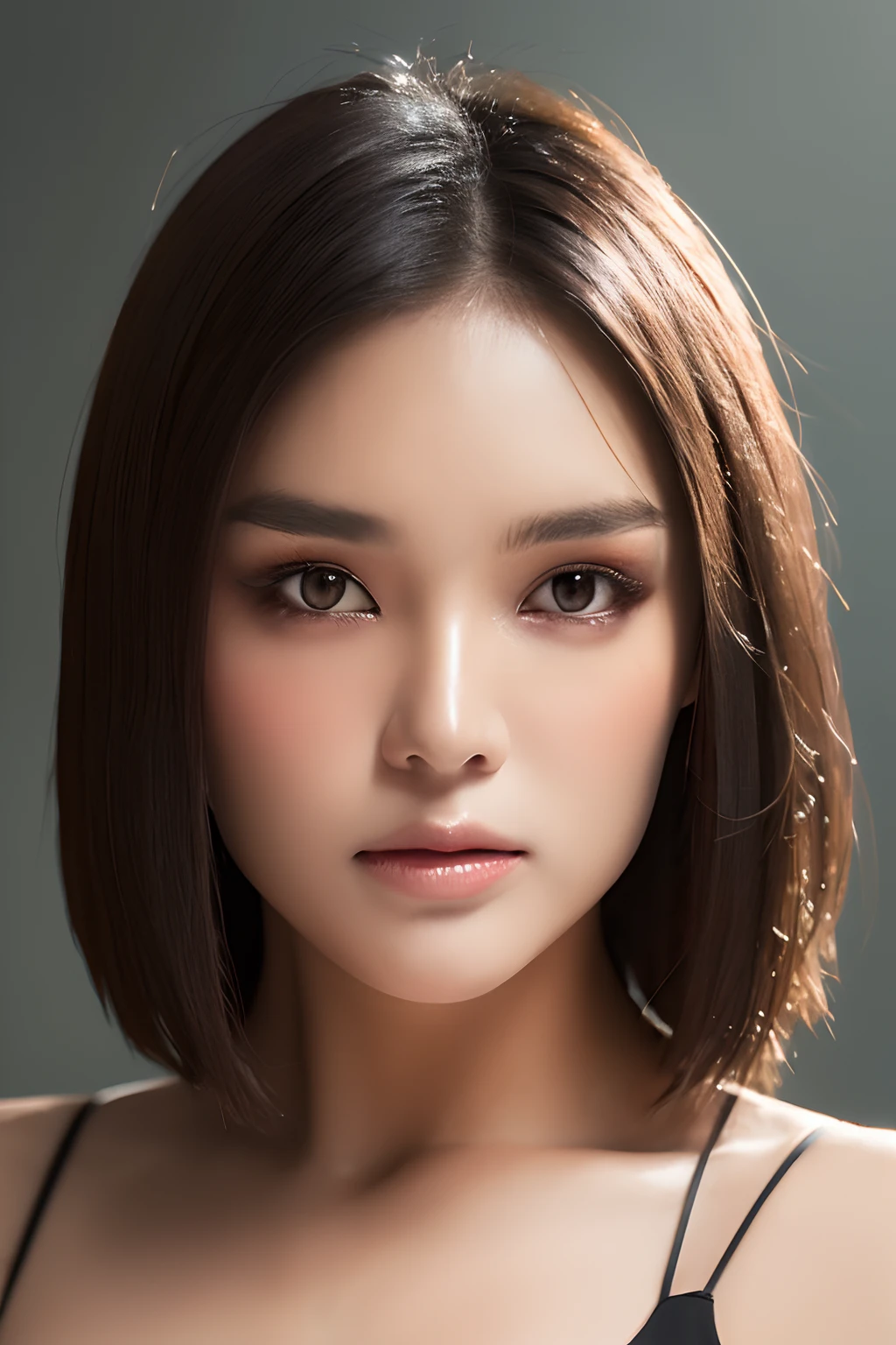 ​masterpiece, Best Quality, masutepiece, hight resolution, 1girl in, 22year old, High detail RAW color photo of beautiful young woman, Beautie, ighly detailed, Soft lighting, Textured skin, face perfect, Sharp pupils, Realistic pupils, Optimal ratio, (Detailed face:1.4), (Realistic brown eyes:1.2), (High Proportion Realistic Breasts), (Realistic medium breasts), (Closed mouth:1.5), Slender body, Photography, Detailed skin, Realistic, Photorealsitic, Highly detailed, High Detail RAW Color Art, diffused soft lighting, Shallow depth of field, foco nítido, Cinematic lighting, 
a closeup, (shorth hair:1.5), A dark-haired, (straight haired:1.5)