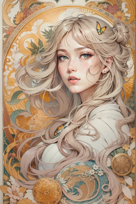 "Genshin, light hair, book page colorful art, white background, line art, clean line art, Nature-themed coloring mandala, simple and clean line art, coloring book page, adorned in Art Nouveau style, with a touch of Alfons Mucha's brushstroke, perfect intri...