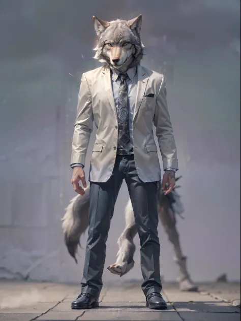 (((fullbody image、Standing posture)))、(Full body wolf standing upright in luxury business suit、Humanoid Wolf、Cool anthropomorphic wolf with long legs)、​masterpiece, top-quality, in 8K , intricate detailes, ultra-detailliert , light Particle、32K Digital Pai...