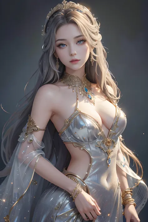 tmasterpiece，Highest image quality，A beautiful bust of a noble maiden，Delicate silver hairstyle，Clear golden eyes，Embellished with a dazzling array of intricate jewelry，Super detailed details，upscaled。