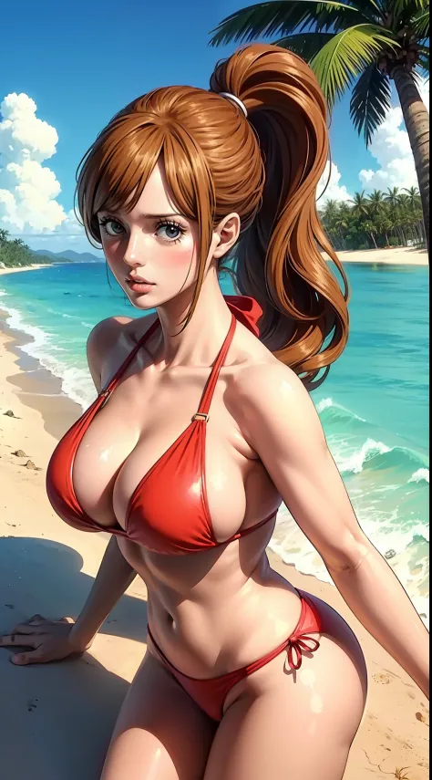 pudding from anime one piece, brown hair, hair tie, bangs, ponytail, perfect body, perfect boobs, beautiful woman, stunningly beautiful, wearing a beach bikini, red bikini, being on the beach, coconut trees, Realism, masterpiece, skin textured, super detai...