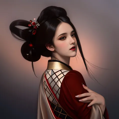 mulher arafed com um vestido vermelho, e uma flor vermelha em seu cabelo preto, Arte Estilo Tom Bagshaw, Retrato de uma gueixa b...