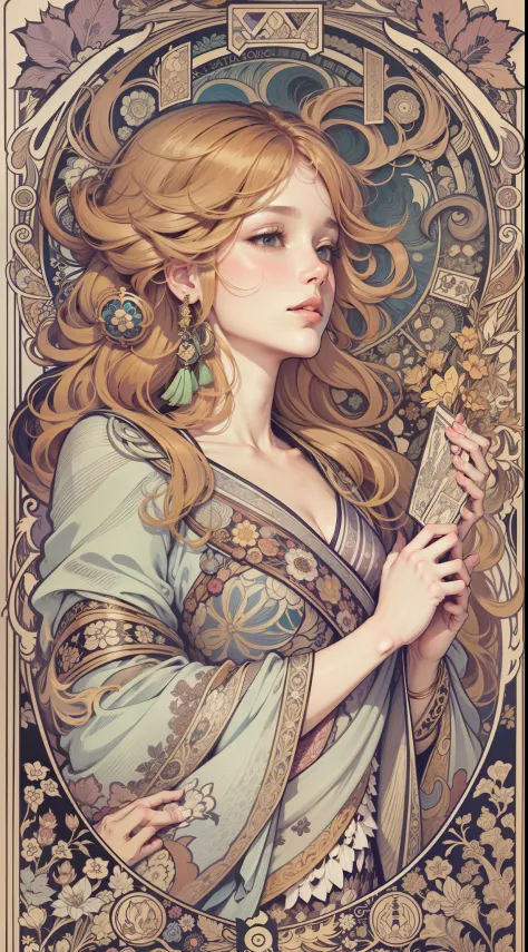 Genshin, light hair, tarot card art, line art, clean line art, Nature-themed coloring mandala, colorful, simple and clean line art, adorned in Art Nouveau style, Alfons Mucha, perfect intricate details, realistic.