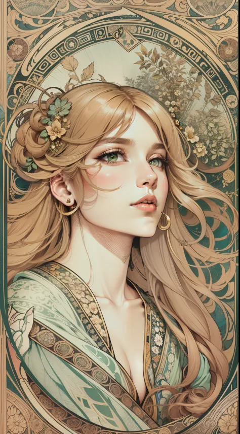 Genshin, light hair, tarot card art, line art, clean line art, Nature-themed coloring mandala, colorful, simple and clean line art, adorned in Art Nouveau style, Alfons Mucha, perfect intricate details, realistic.