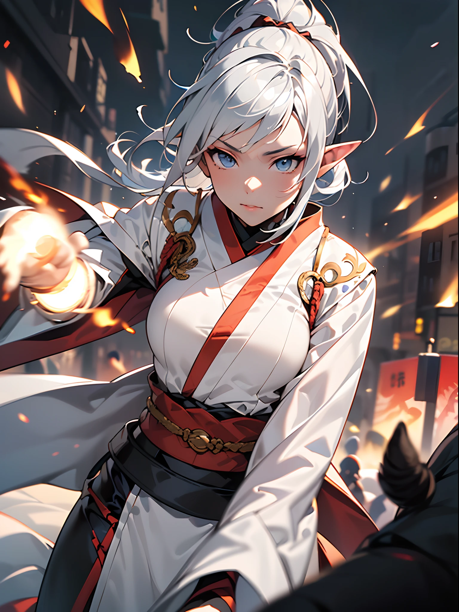 ((jpn)),((Best Quality)),((Beautifully painted)),((hight resolution)),1girl in,Luminescent Beautiful Elf Girl,(((onmyouji))),((suikan)),White cloak,Luminescent bushy silver-haired ponytail,nice hand, Perfect hands,armor,((Fight with black demon monsters in the streets of Tokyo at night)),((Elf girl draws dazzling lines of light with her fingertips)),((Explosive flames flying violently)),(face forcus),((((motion blur)))),(((dynamic angles))),((cinematic lighting))