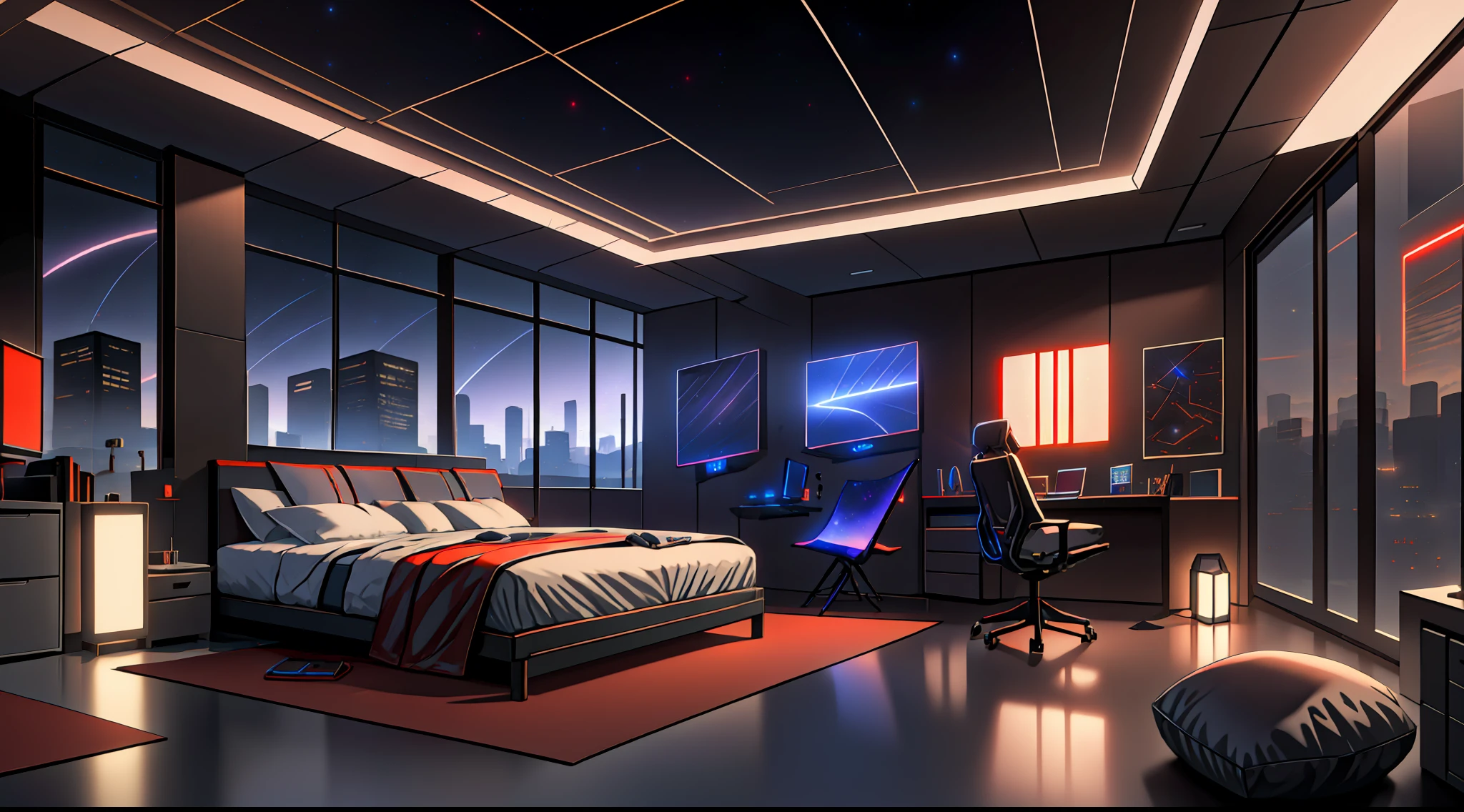 Warm Light Source Cyberpunk Calm Night Tech Bedroom Computer Desk Microphone Light Computer Water Dispenser Small Fluorescent Starry Sky Smooth Floor Red Fox Deconstructivism Fragmentation Gorgeous Sculptures Floor-to-ceiling windows Lightweight Bed Camera Chair Game Interface Crimson Dark Environment Ambilight