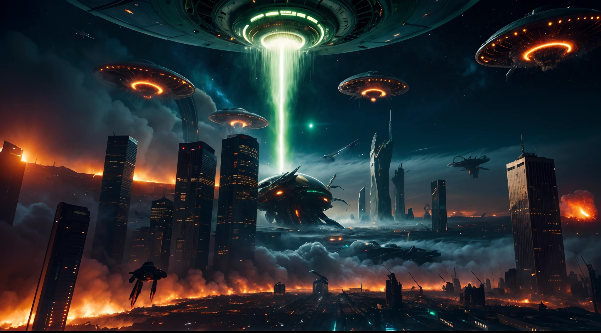 a dynamic digital illustration depicting a relentless alien invasion, where advanced spaceships swarm the skies with sinister intent. The cityscape below is ablaze with chaos as towering buildings crumble and panic sets in among the fleeing citizens. In the midst of this turmoil, A colossal extraterrestrial mothership hovers menacingly, casting an ominous green glow over the devastated landscape. The illustration captures the frantic energy of the invasion, using a blend of sci-fi realism and surrealism to evoke a sense of impending doom.