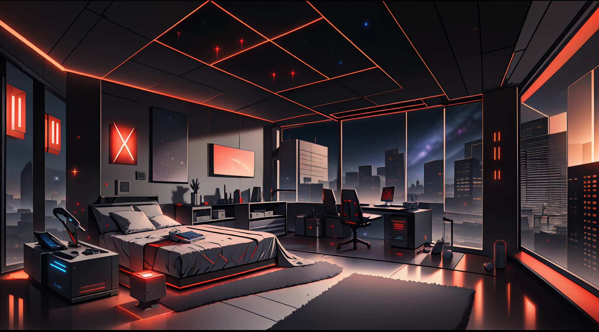 Warm Light Source Cyberpunk Calm Night Tech Bedroom Computer Desk Microphone Light Computer Water Dispenser Small Fluorescent Starry Sky Smooth Floor Red Fox Deconstructivism Fragmentation Gorgeous Sculptures Floor-to-ceiling windows Lightweight Bed Camera Chair Game Interface Crimson Dark Environment Ambilight