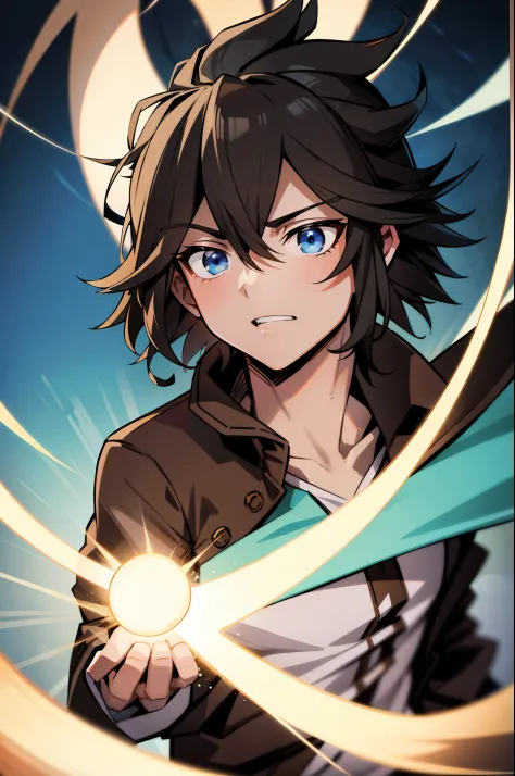 Anime boy wearing beige jacket hair split in half in dark brown tone with an aura of blue magic around him in a dark environment posing for a high-resolution cinematic photo