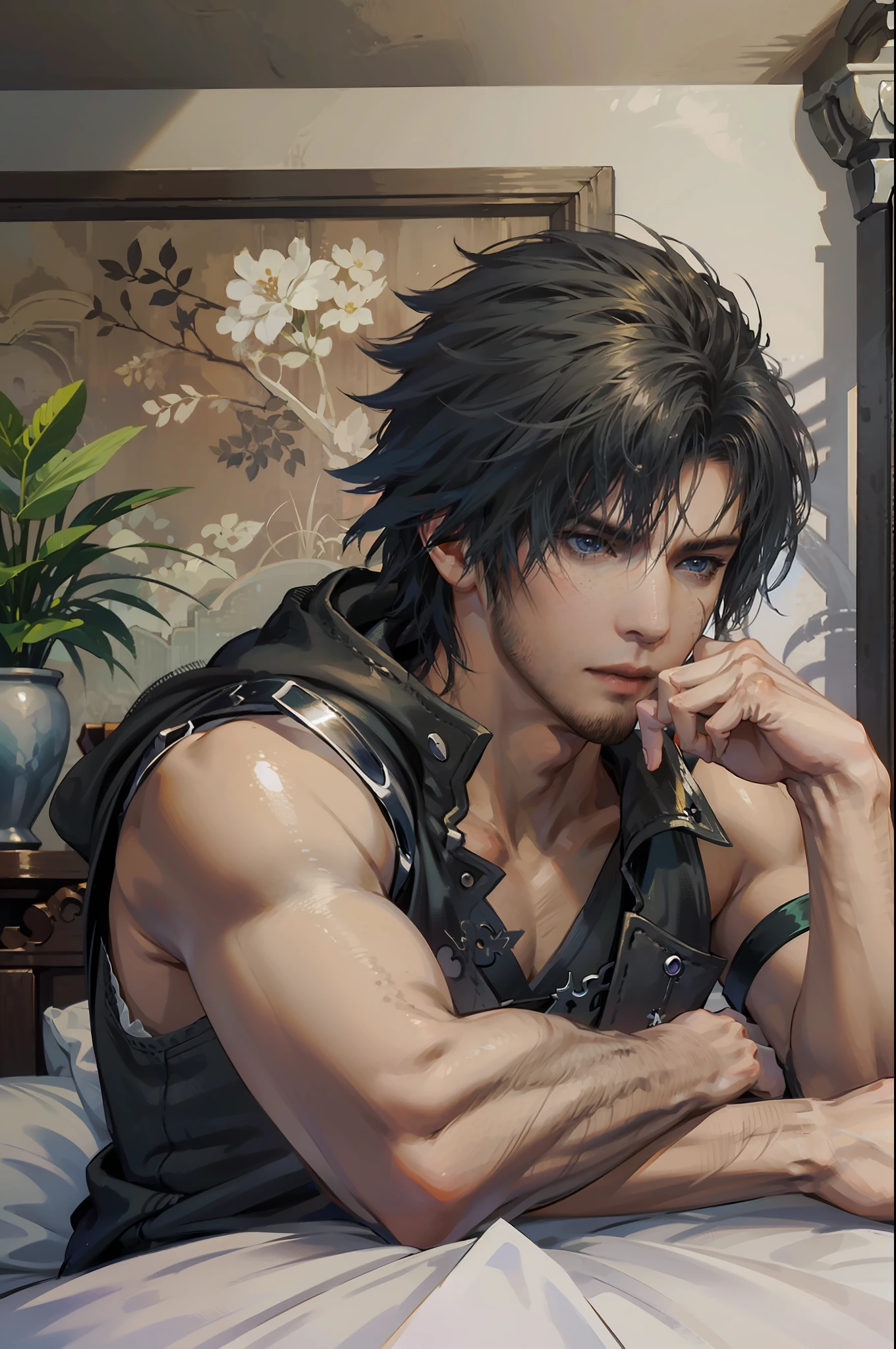 Final Fantasy, Clive Rosfield, abdos, pose badass, Garçon d&#39;anime sur un lit avec ses mains sur sa tête, Belle pose d&#39;anime, anime bel homme, personnage masculin d&#39;anime, Anime dur à cuire 8K, Illustration détaillée des personnages d&#39;anime, Concept d&#39;anime HDR Anime WLOP, garçon animé, Art doux d&#39;anime CG, fond d&#39;écran manga 4k, inspiré par Tetsuya Nomura, par fond d&#39;écran animé