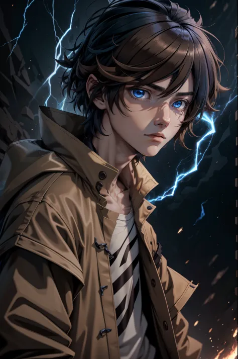 Anime boy wearing beige jacket hair split in half in dark brown tone with an aura of blue magic around him in a dark environment posing for a high-resolution cinematic photo