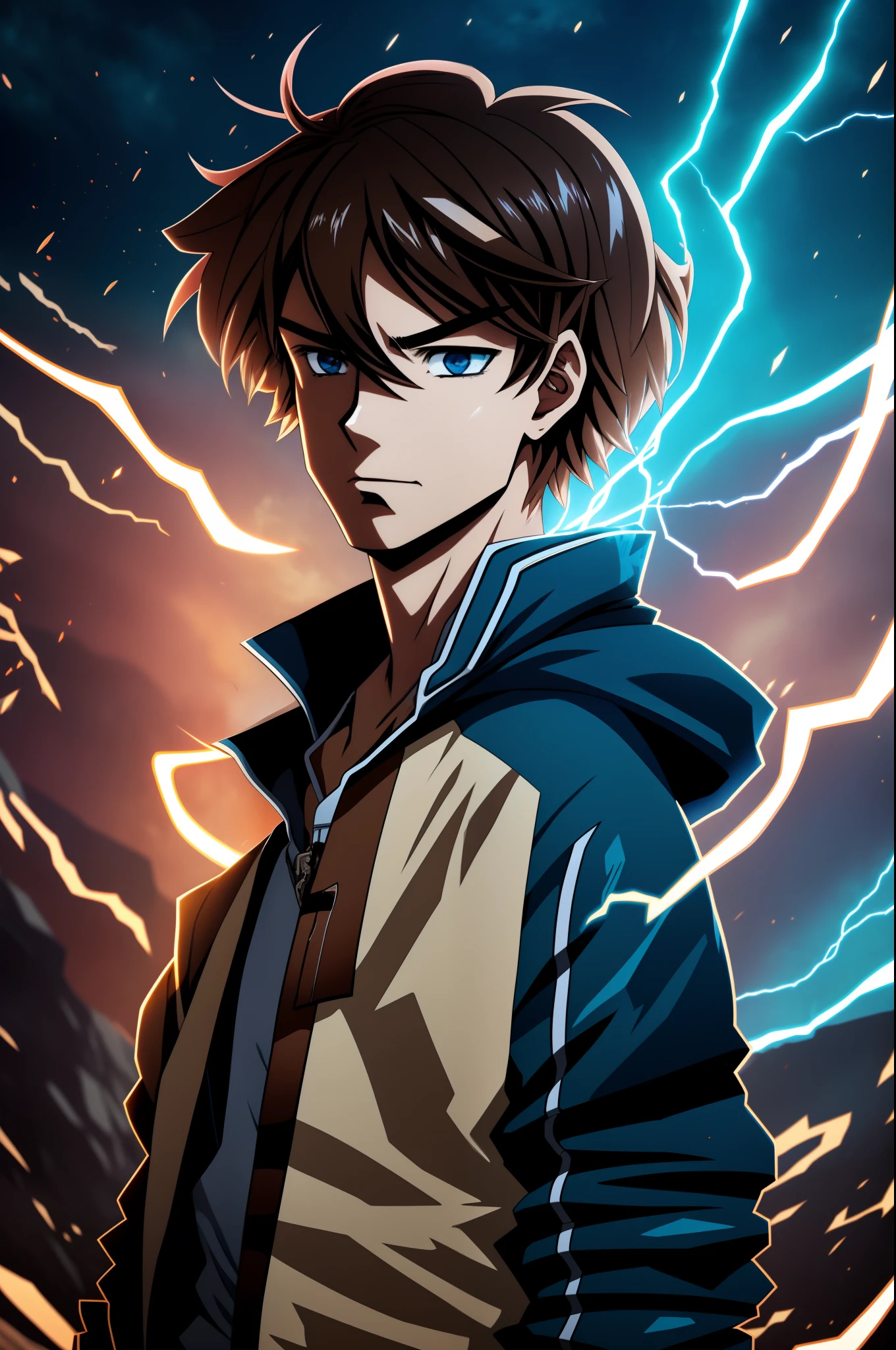 Anime boy wearing beige jacket hair split in half in dark brown tone with an aura of blue magic around him in a dark environment posing for a high-resolution cinematic photo