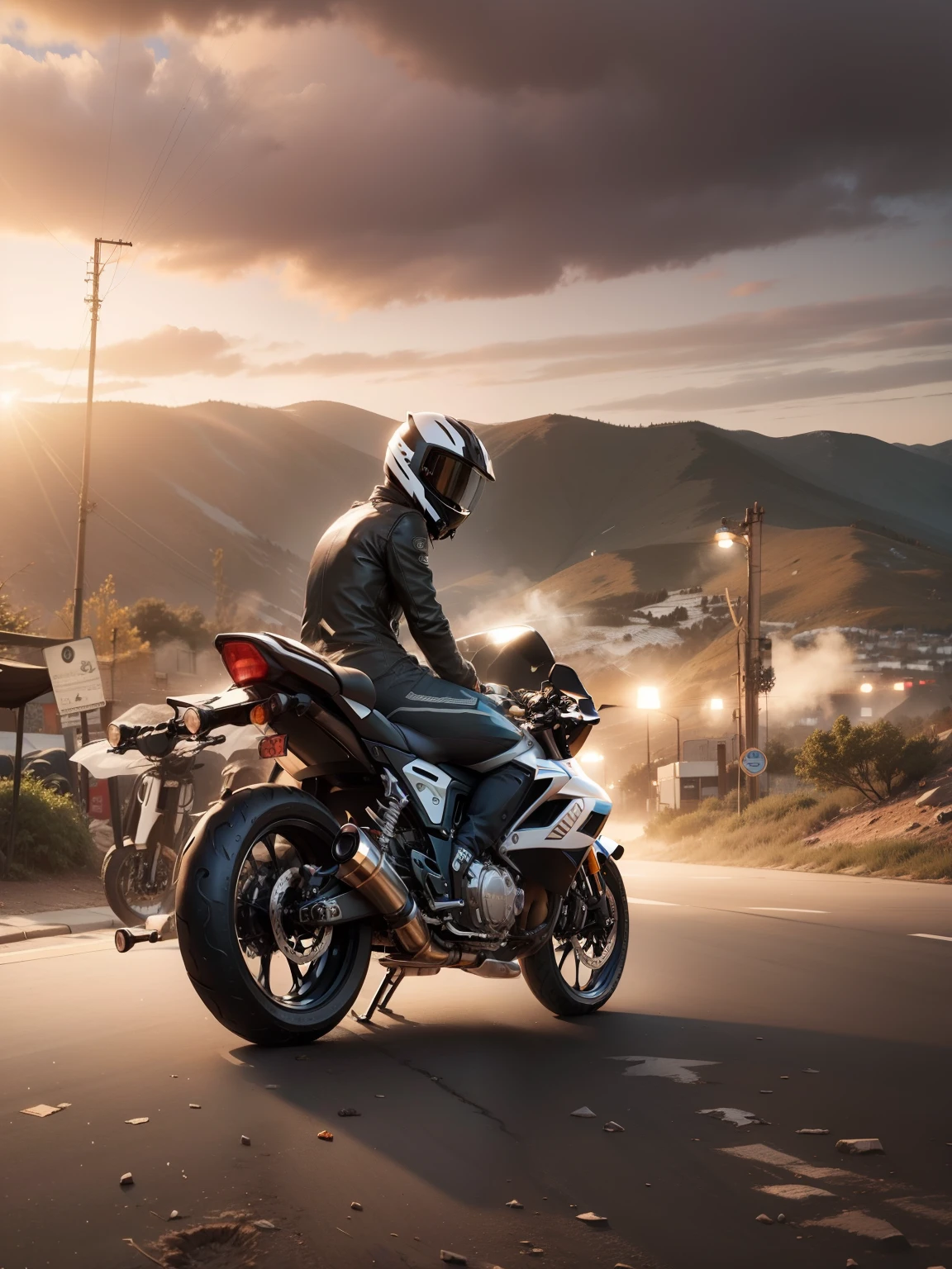 Arafed man riding a motorcycle on a road with a mountain in the background  - SeaArt AI