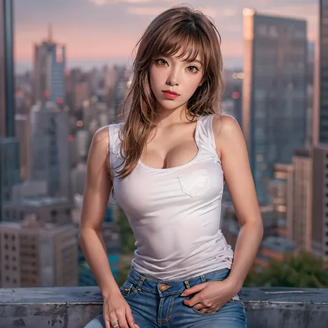 best quality, photorealistic, 8k, high res, 1girl, woman, (skindentation), (portrait:0.6), gorgeous, ((cityscapeebackground:1.6)), ((smallsize round breast, denim pants and sleeveless white tshirt:1.98)), straight-looking at viewer:1.8, (1girl eyes looking...