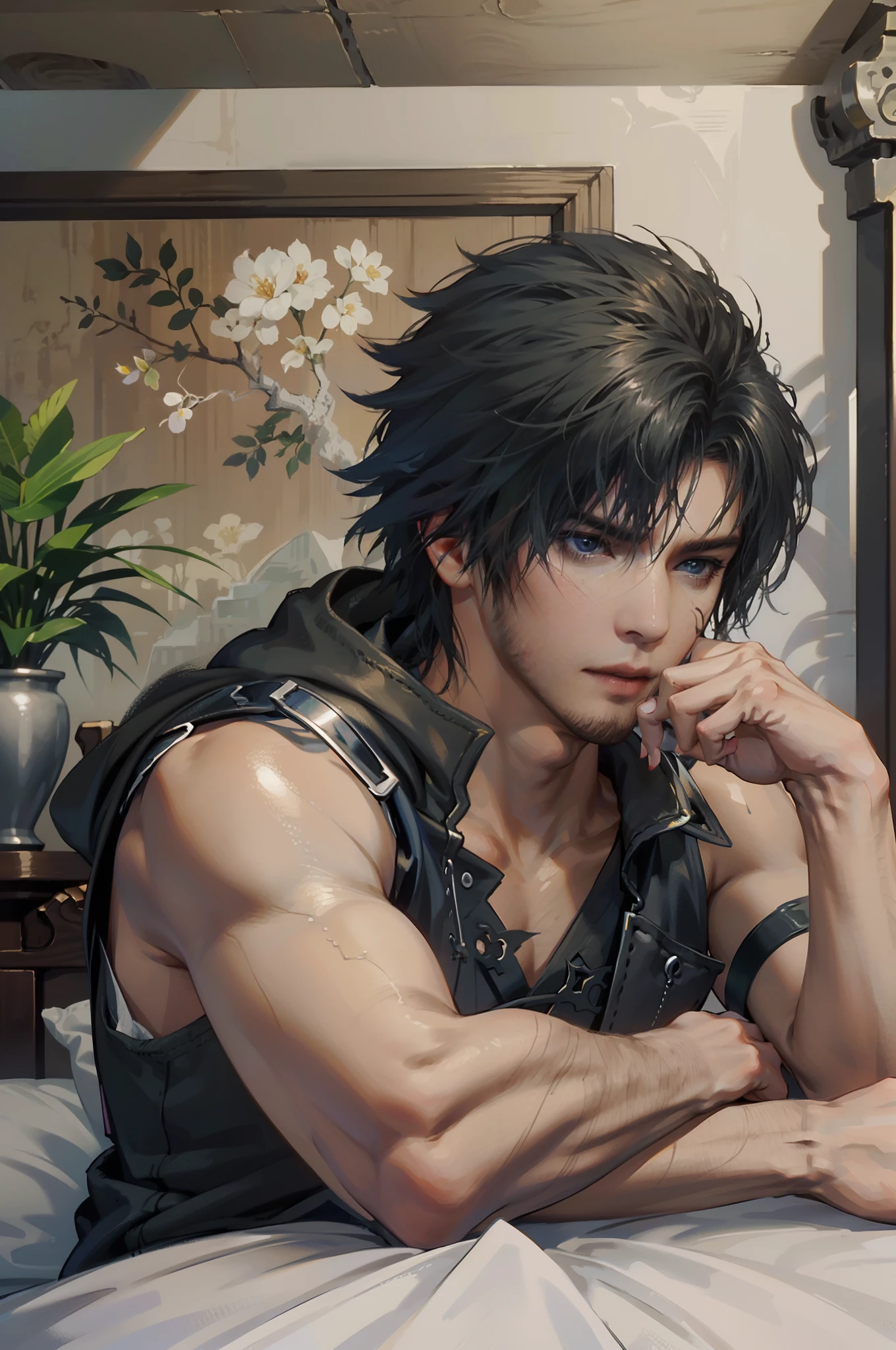 Final Fantasy, clive rosfield, abs, badass pose, Anime boy on a bed with his hands on his head, Beautiful anime pose, anime handsome man, anime male character, Badass Anime 8K, Detailed anime character art, HDR Anime WLOP anime concept, anime boy, CG anime soft art, manga wallpaper 4k, Inspired by Tetsuya Nomura, by anime wallaper