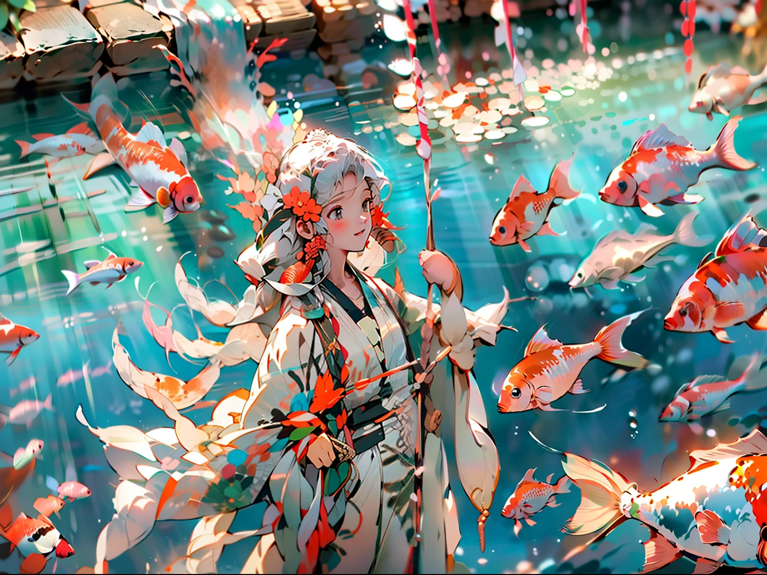 Kizi，long whitr hair，Koi swimming，Real light，Ray traching，oc rendered，Hyper-realistic，best qualtiy，8K，Works of masters