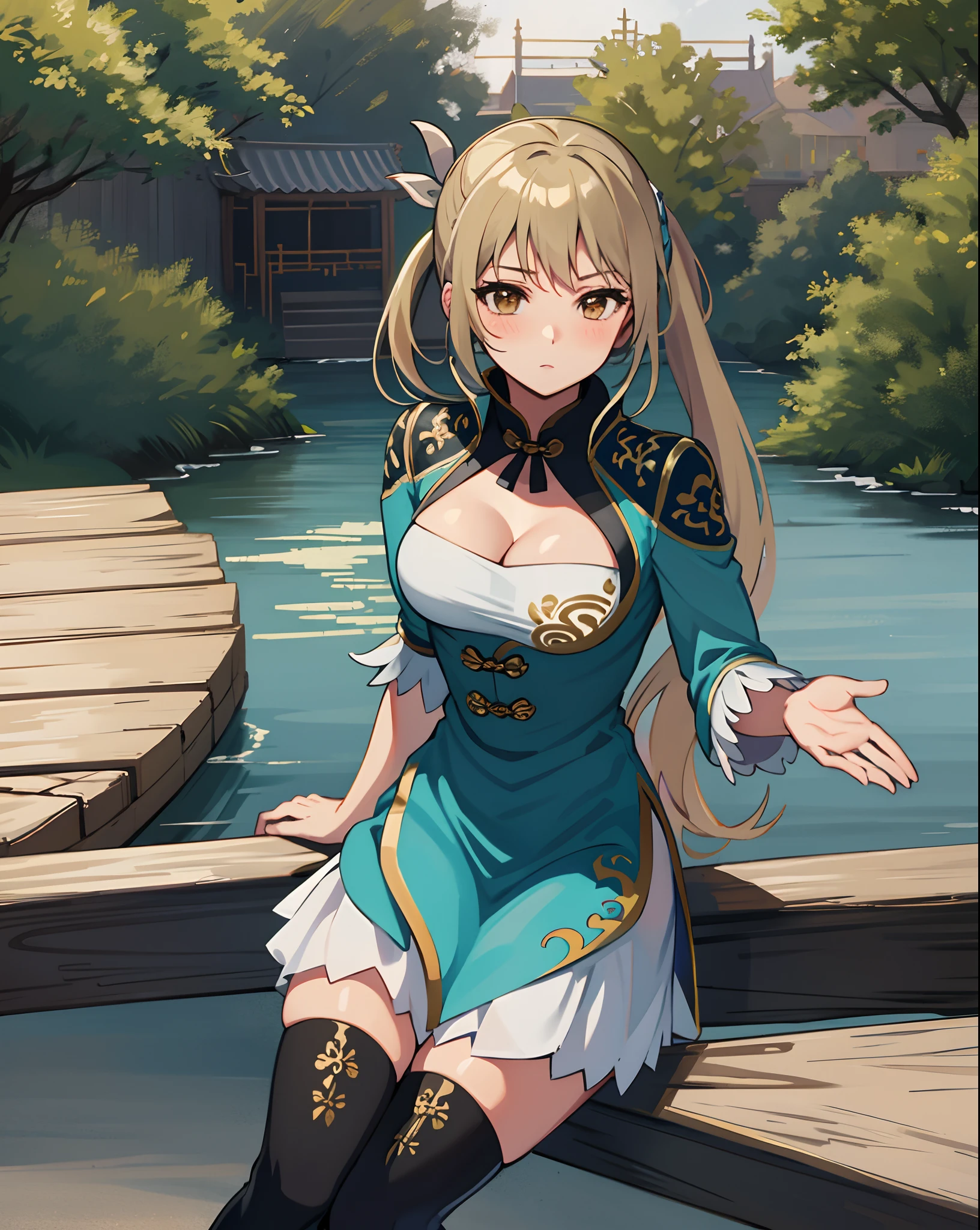 best quality, (masterpiece:1.2), illustration, absurdres,
(1girl, solo), (beautiful detailed girl), (cute:0.4), 
Wang Yuanji, blonde hair, ponytail, brown eyes, large breasts, 
aqua dress, ornate dress, cleavage, aqua skirt, black thigh boots, thighhigh boots, high heels,
blush, looking at viewer, 
(chinese architecture background), 
sitting, cowboy shot, full body,