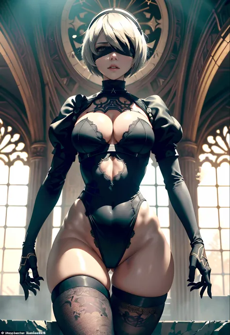 (Masterpiece, nier automata 2B with black blindfold on grabbing her buttocks1.5)  (Best Quality, cinematic lighting: 1.5), Perfect Eyes, Perfect Face, Volumetric Lighting, sunray lit atmosphere cinematic presentation, background is a intricately detailed c...