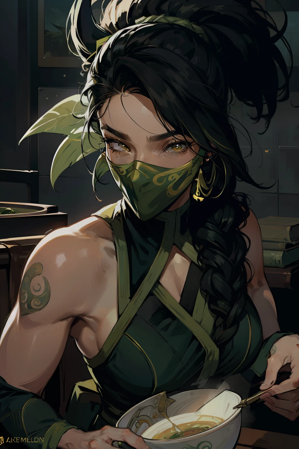 realist，tmasterpiece，The best quality in the best of the best quality，ultrahigh resolution，（Sense of reality），（Realy，Sense of reality：1.4），perfect ilumination，Close-up of a woman wearing a green mask, Akalide League of Legends, Akali, santos ( valuing ), Extremely detailed artgerm, Guviz style illustrations, Badass Anime 8K, Artgerm and Atey Ghailan, Senna de League of Legends, High quality 8K detailed art