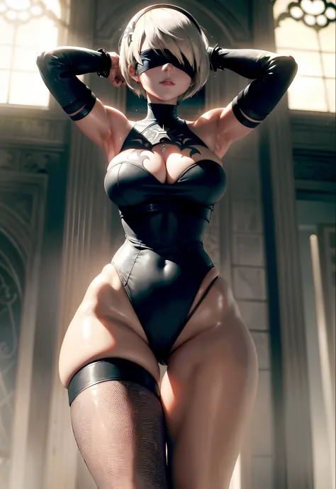 (Masterpiece, nier automata 2B with black blindfold on posing with her arms behind her head,1.5)  (Best Quality, cinematic lighting: 1.5), Perfect Eyes, Perfect Face, Volumetric Lighting,  sunlit atmosphere cinematic presentation,slight frills, Black Stock...