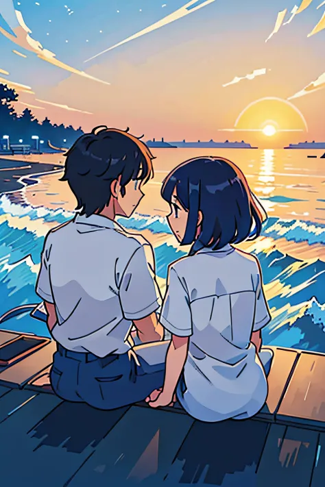 (top-quality:0.8)、(top-quality:0.8)、perfect anime illustration、Man and woman sitting on the seaside at sunset back to back、sidew...