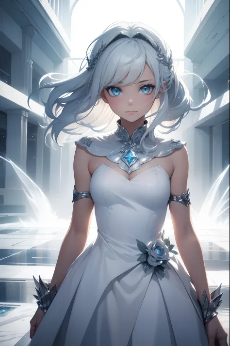 award winning 64k concept art of (1girl:1.2) in white majestic open dress standing proudly on the ice, posing, epic, god rays, centered, upper body, (masterpiece:1.2), (best quality:1.2), Amazing, highly detailed, beautiful, finely detailed, warm soft colo...
