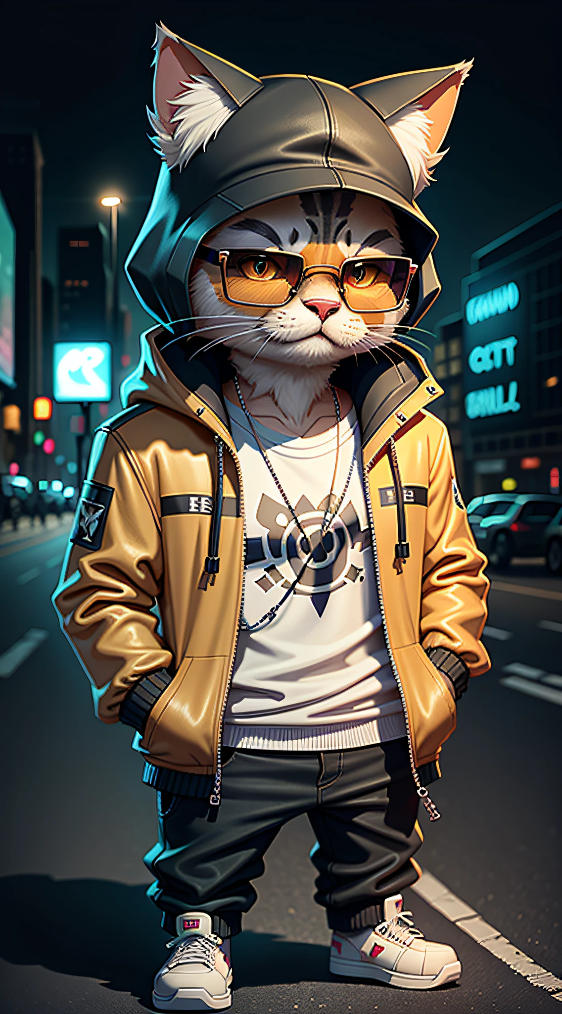 クソ，ジャケットとサングラスをかけた漫画の猫，,ハンサムなポーズ,サイバーパンクな街並みの背景