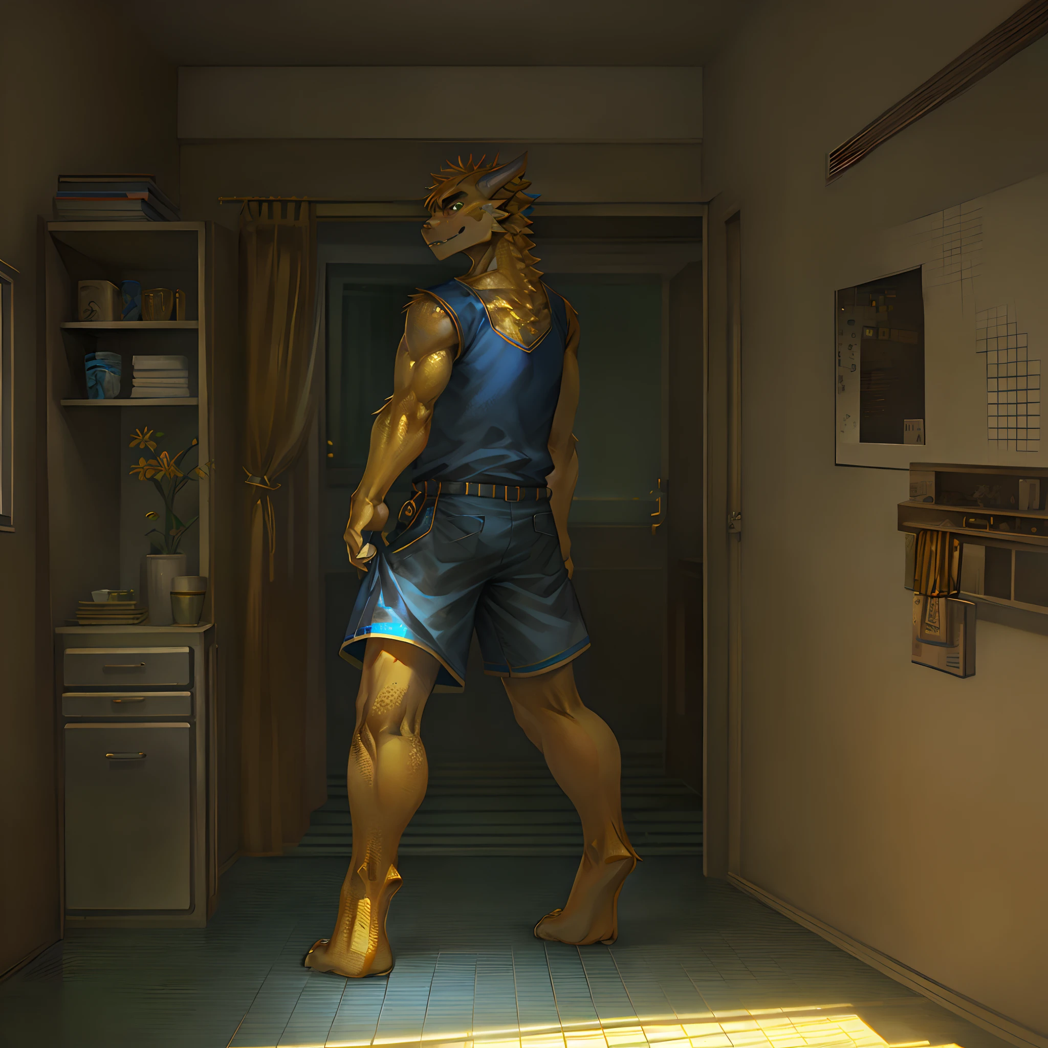 Humanoid golden mechanical dragon，Wears blue short sleeves，Standing on the tiled floor of the apartment。high-definition image，Rich and realistic in detail，high qulity。Extremely detailed CG