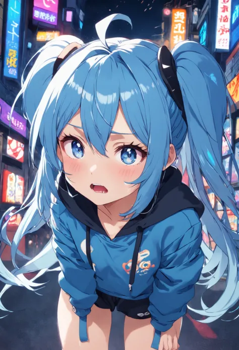 ((tomgirl、teens girl、the head is small、The face is small、short、the body is thin))、blue hairs、long hair with twin tails、 Wearing a colorful and bukabuka hoodie、Inner racing suit、  Black nails、jagged teeth、odd eye、