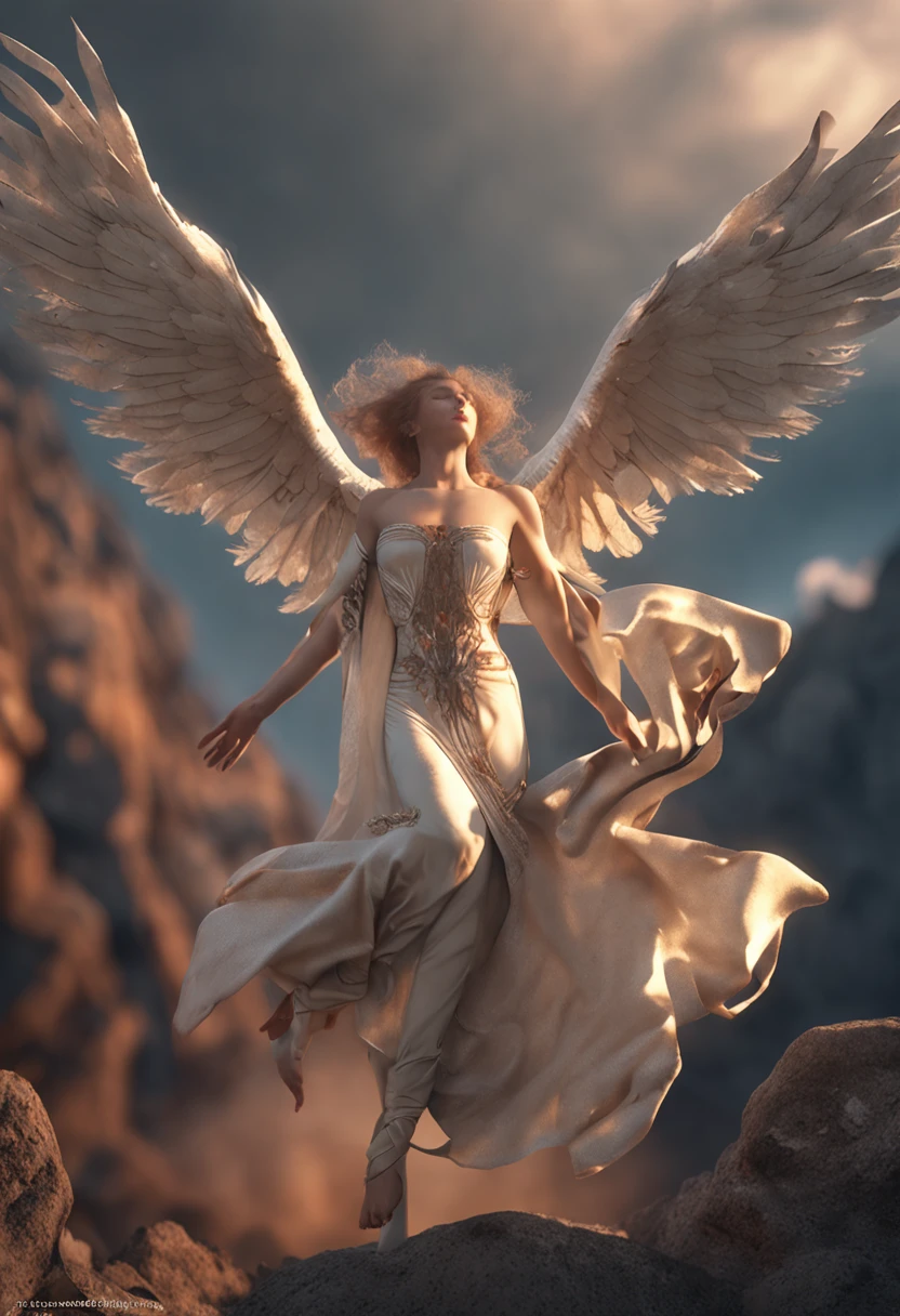 (professional 3d render:1.3) of (Realistic:1.3) The most beautiful artistic photo in the world，Featured angels falling from soft bright skies, ((Angels in heaven descend from heaven in a dynamic pose, Fantastic location, Majestic and cluttered environment)), Full body 8k unit rendering, action  shot, skin pore, very dark lighting, heavy shading, A detailed, Detail Make, (vibration, Realistic photography, Realistic, Dramatic, darkly, sharp focus, 8k), ((((Use skins)))), (complex:1.4), decadent, (highly  detailed:1.4), digitial painting, rendering by octane, art  stations, concept-art, smooth ass, sharp focus, illustration, From the budding of art, (loish:0.23), wlop ilya kuvshinov, and Greg Rutkowski and Alphonse Mucha Gracias, (global ilumination, studiolight, Amount of light), lotr, fanciful, we, Wholeesbian body, ((Dark and ancient city background:1.3)),CGSesocieda,art  stations