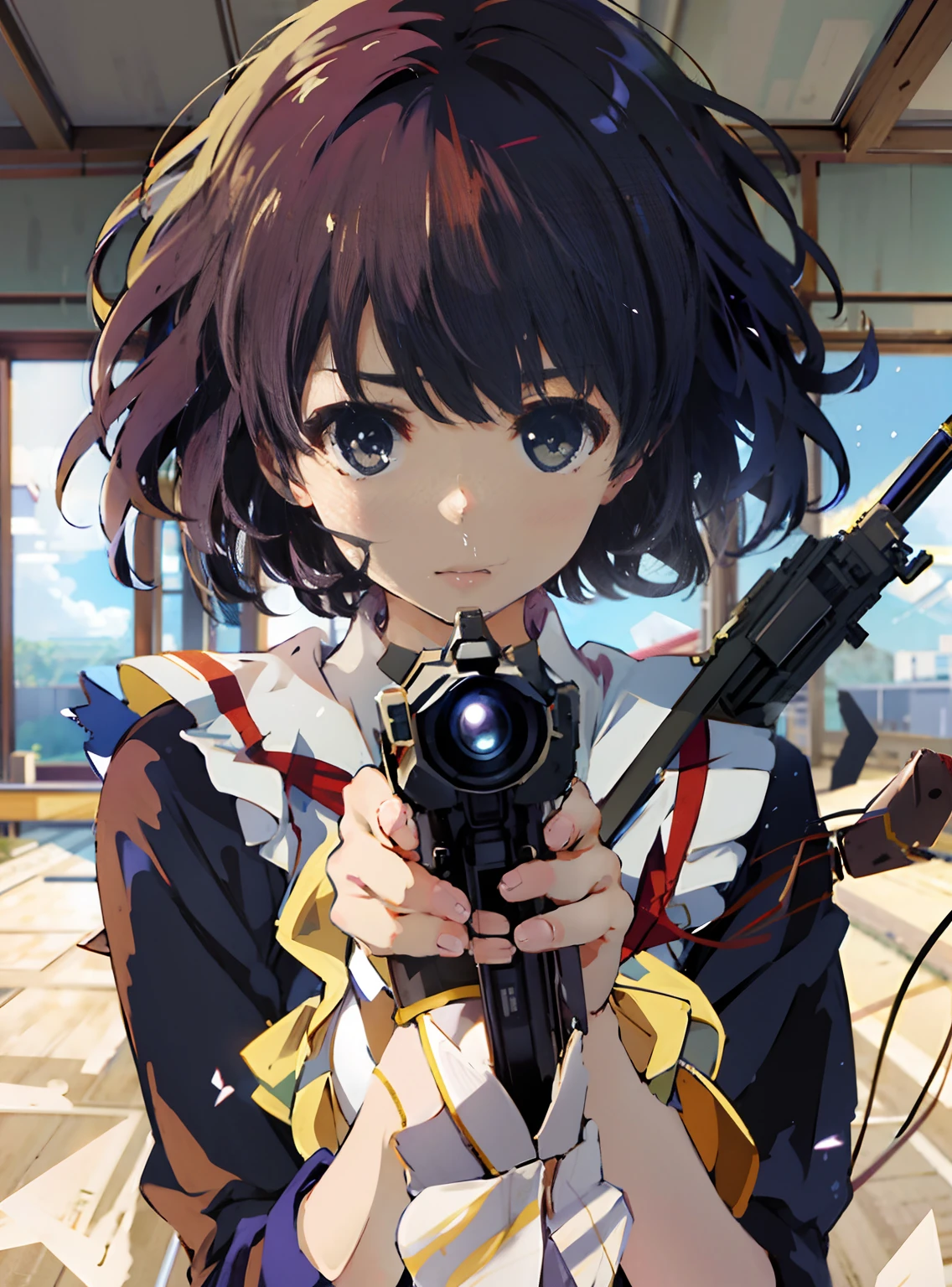 anime girl with a gun in her hand looking at the camera, a-1 pictures, style of anime4 K, anime big breast! 4 k'', anime big breast! 4K, railgun, anime moe art style, Kantai collection style, photoshoot poses, 4k manga wallpapers, anime visual of a cute girl, anime machine gun fire, with pistol, distant!!, with rifle