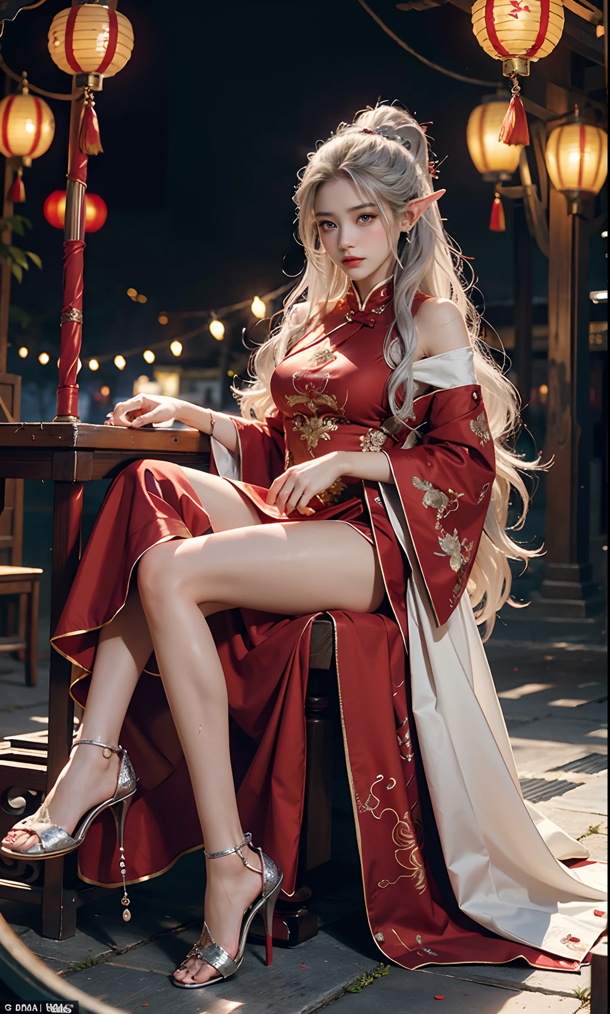 （Redcoat：1 silver-haired girl, Normal posture）， tmasterpiece， best qualtiy， RAW photogr， realisticlying， the face， Incredibly Ridiculous res， Beautiful elf beauty， ear studs，Get wet all over， (Long silver hair)， (Red wedding dress+)，Chinese silk long dress，(Red cloth shoes，Embroidered cloth shoes+)，depth of fields， A high resolution， ultra - detailed， filigree， RAWE is very detailed， very detailed eyes and faces， Sharp pupils， realistic pupil， tack sharp focus， cinmatic lighting，full bodyesbian，Bigboobs，long leges，From the front side，ancient Chinese town，Lanterns，Tanabata，Lights of all homes，A faint red glow，dynamicposes