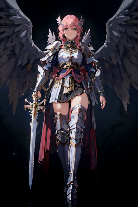 personagem de anime com cabelo rosa e asas segurando uma espada, menina do cavaleiro do anjo, angel knight gothic girl, armor an...