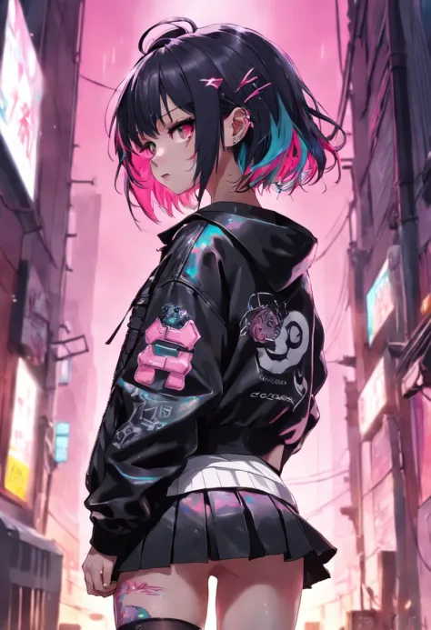 Rear view、1girl in, Avant-garde rebellious young woman, Striking features, A strong gaze that needs attention, High-contrast dramatic lighting, depth of fields, Use shadows that create depth and texture. Colorful prismatic hairs, punk ((Pink)) Clothing, So...