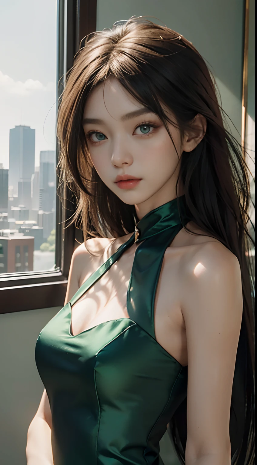 best qualtiy，tmasterpiece，超高分辨率（realness：1.1）。one-girl，She has emerald green eyes，Bare shoulders。High neck silk dress，The movie version of the warm light illuminates the bright room，modernn architecture，As well as beautiful backgrounds