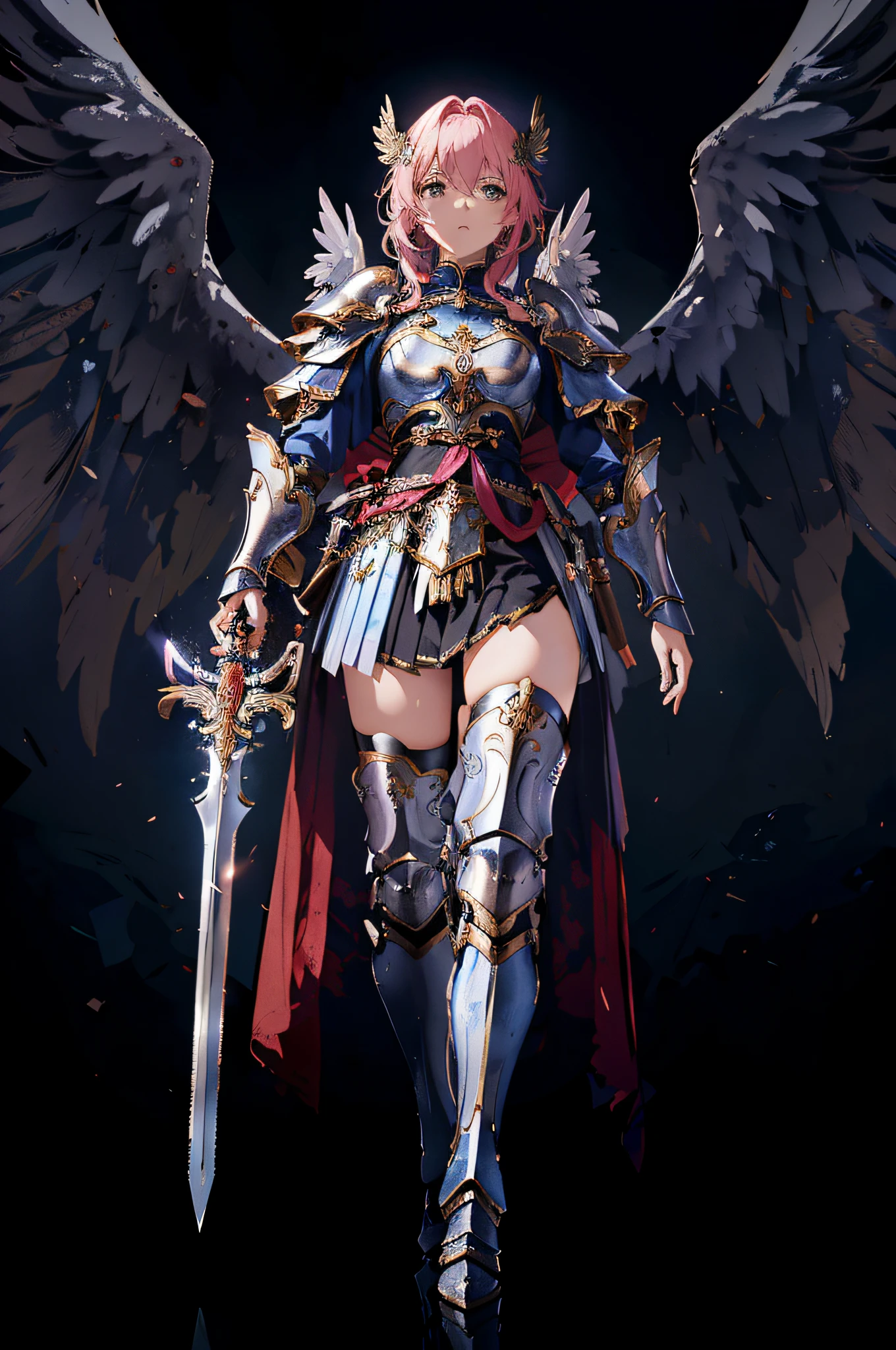 A woman with wings and armor standing in the dark - SeaArt AI