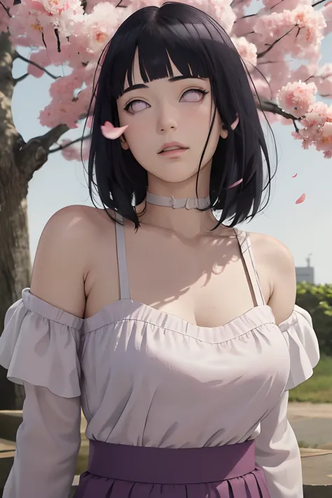 masterpiece, absurdres, hinata\(boruto\), 1girl, solo,mature female, off-shoulder strap bra, high waist short skirt, looking at viewer, (falling petals), perfect composition, detailed lips, big breast, beautiful face, body propotion, blush, (pink lips), lo...