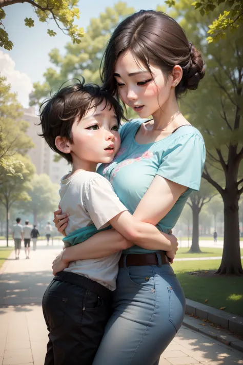 Carefree boy playing in park，The beautiful mother looks at the child tenderly in the back。