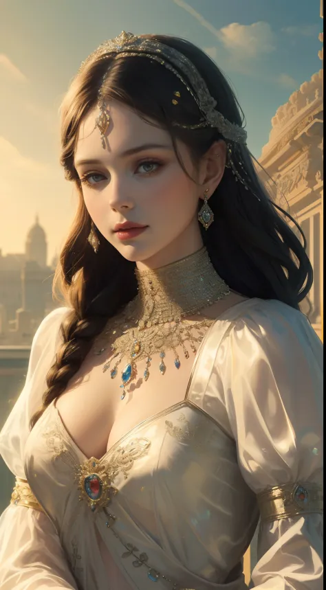 (Ultra-high quality masterpiece，A beautiful bust of a noble maiden，Classical braids，The eyes are shiny and clear，Floral craftsmanship，Crystal jewelry，Ultra-fine details，Soft lighting)