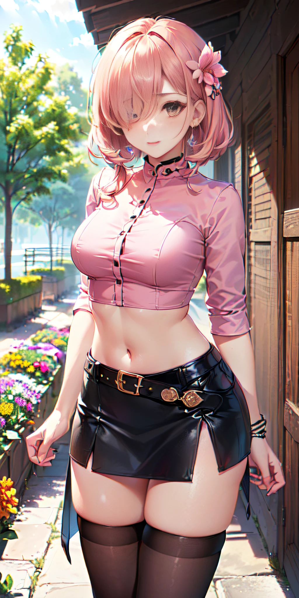 (((obra maestra, mejor calidad, highres, hmeliza, 1girl, hair over one eye, jewelry, single thighhigh, midriff, black skirt, asymmetrical legwear, pink shirt, black thighhighs, belt, miniskirt, standing, cowboy shot, outdoors, filed, flower )))