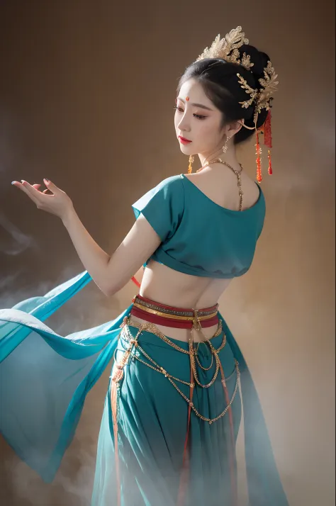 1girl, dunhuang flying apsaras costume, messy long hair, ji jian, dunhuang style, a lot of smoke, superb, elegant colors, (reali...