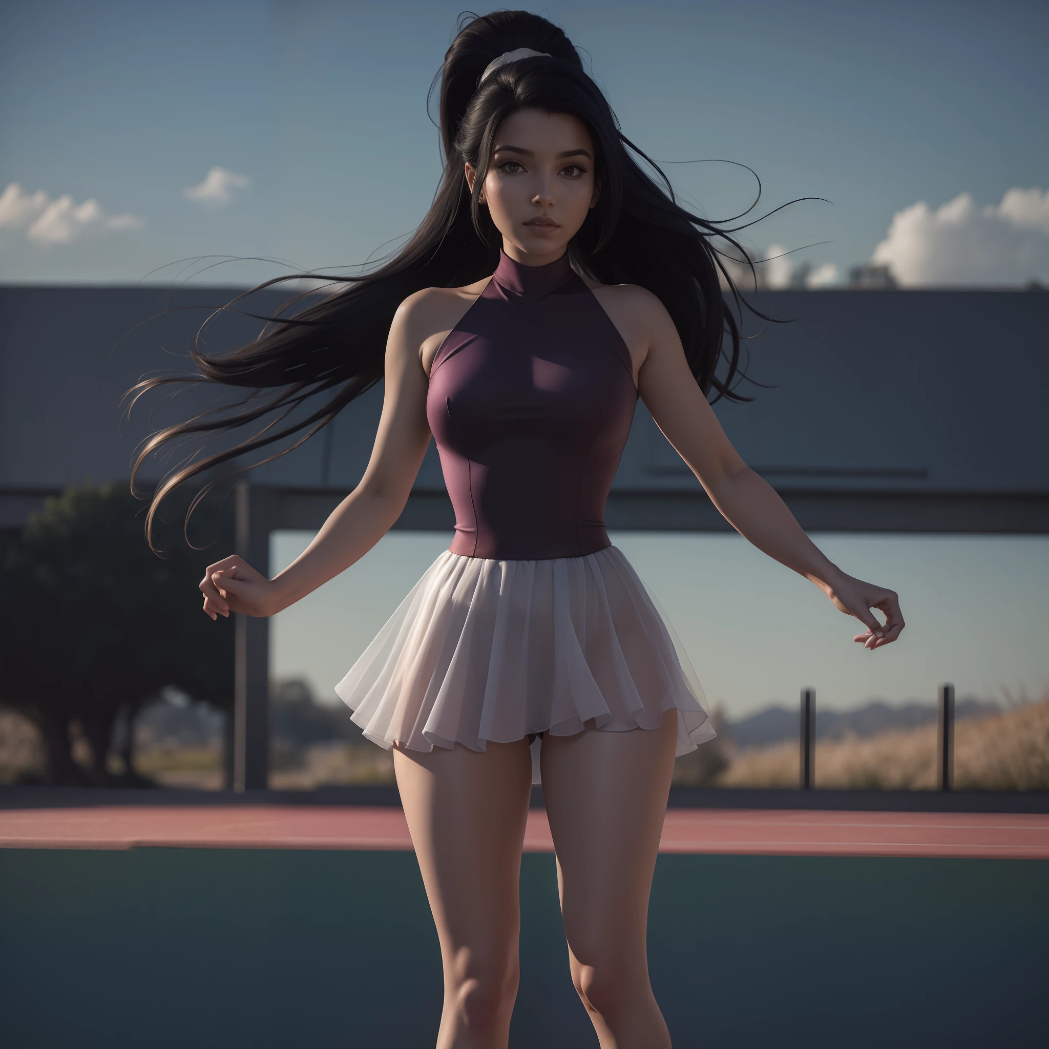 masterpiece, 4k, ultra high resolution, vidia with tennis suit and very short skirt with pleats, with legs open, sunny day, bare shoulders, ponytail, extreme long hair, Cherry Blossom, wet, transparent revealing suit, view from behind, looking back, Whole body, with beautiful legs sweating, sexy pose, very revealing