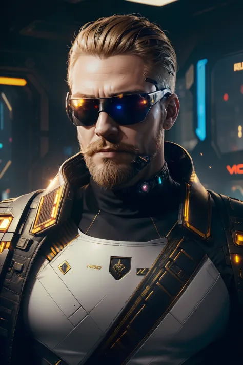Man ((half body)) perfect skin, hyperrealistic masterpiece, in extremely complex & superdetailed futuristic sci-fi combat golden and white soldier uniform, cinematic illumination: 8k, (((wearing cyberpunk sunglasses)), realistic, sharp focus, HD, highly de...