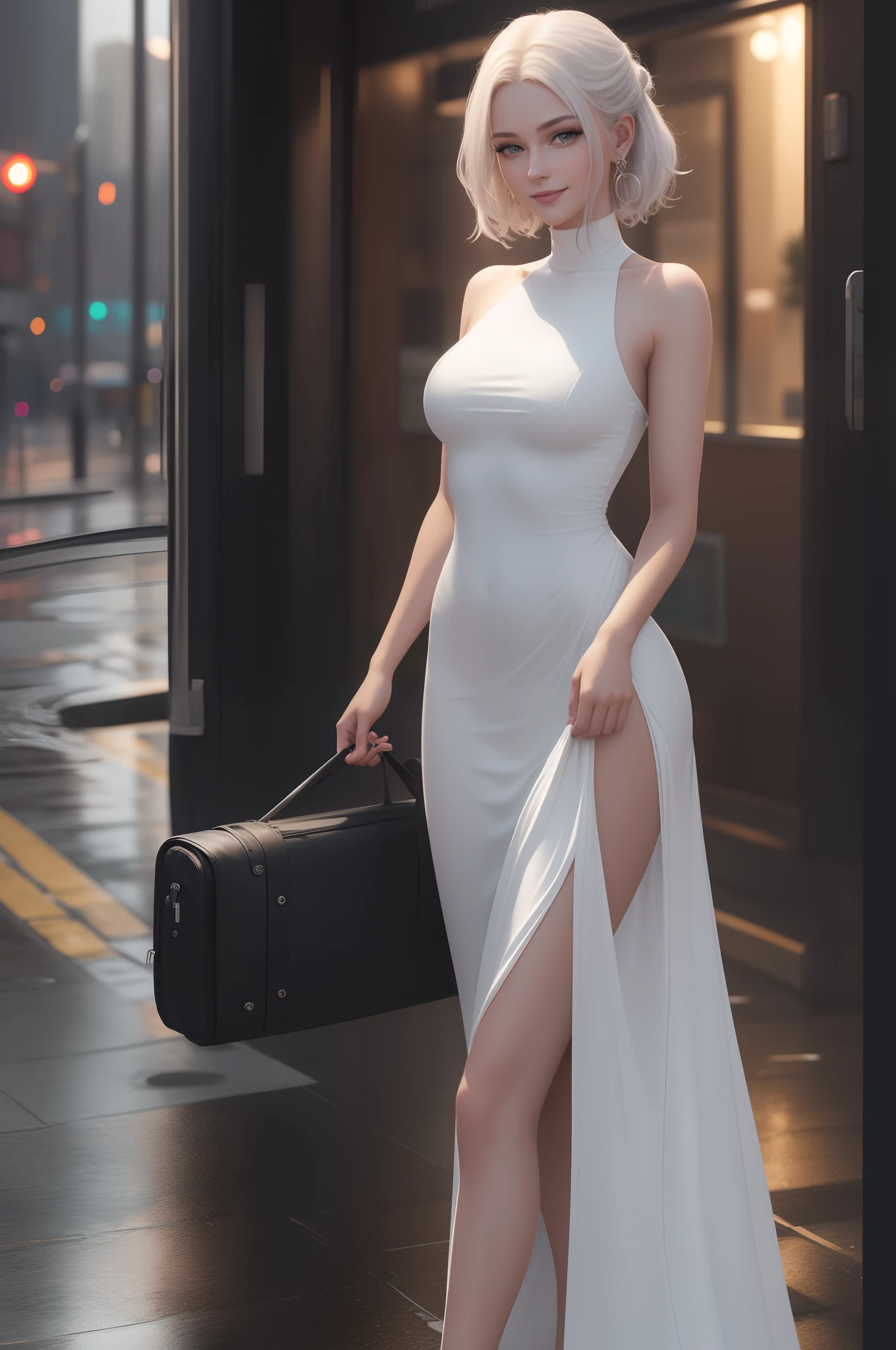 20-year-old surrealist icon，Slim sleeveless maxi dress，Nipple Ring，Smile smile，Short layers of hair，Walking without paying attention to the camera，City in heavy rain，Wet with rain，Wet clothes stick to the body， are vaguely visible，White tight-fitting gown，white straitjacket，white colors，RAW，（8k，best qualtiy，tmasterpiece：1.2），（complexdetails：1.4），（realisticlying：1.4），rendering by octane，Complex 3D rendering with ultra-detail，Studio soft light，rim-light， vivd details，super detailing，realistic skin textures，Detail face，beatiful detailed eyes，Very detailed CG unity 8k wallpaper，putting makeup on，（detailedbackground：1.2），