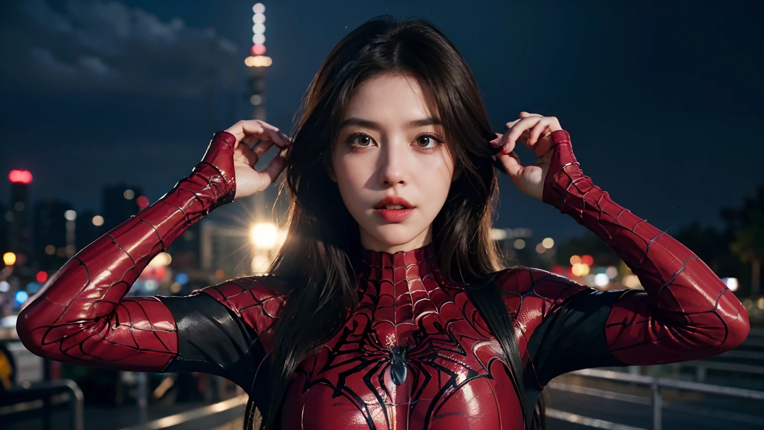 A woman in a red spider - man suit poses for a picture - SeaArt AI