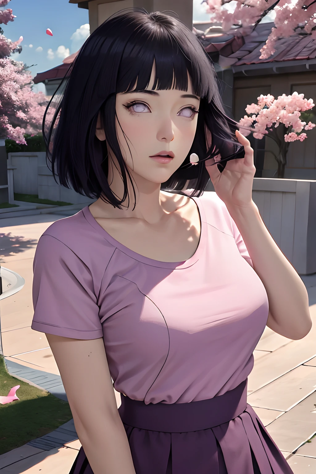 masterpiece, absurdres, hinata\(boruto\), 1girl, solo,mature female, tight tshirt, high waist short skirt, looking at viewer, (falling petals), perfect composition, detailed lips, big breast, beautiful face, body propotion, blush, (pink lips), long hair,  purple eyes,  soft gaze,  super realistic, detailed, photoshoot, realistic face and body,