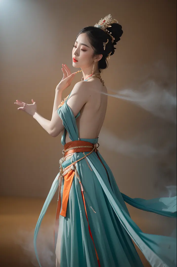 1girl, dunhuang flying apsaras costume, messy long hair, ji jian, dunhuang style, a lot of smoke, superb, elegant colors, (reali...